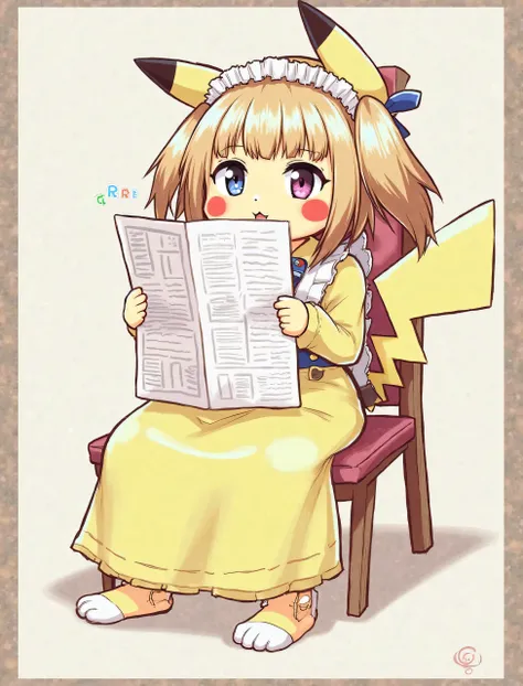 A Pikachu is sitting on a chair, drinking coffee and reading a newspaper1girl, Solo, Long Hair, High Resolution, Looking at viewer, Breasts, Smile, Blush, Blue eyes, Bangs, Short Hair, Brown Hair, Blonde Hair, Black Hair, Simple background, Red Eyes, Hair ...