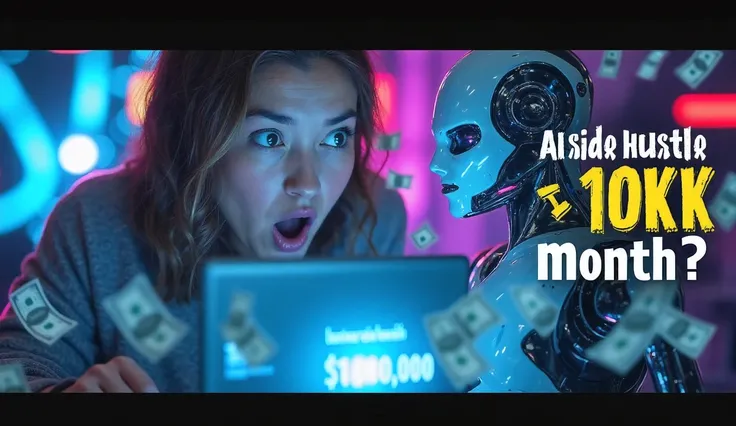 *"A highly engaging YouTube thumbnail for a video titled ‘How to Start an AI Side Hustle & Make $10,000/Month! (Beginner Friendly).’ The scene should be vibrant, eye-catching, and futuristic, featuring:

A shocked man (or woman) looking at a laptop screen ...