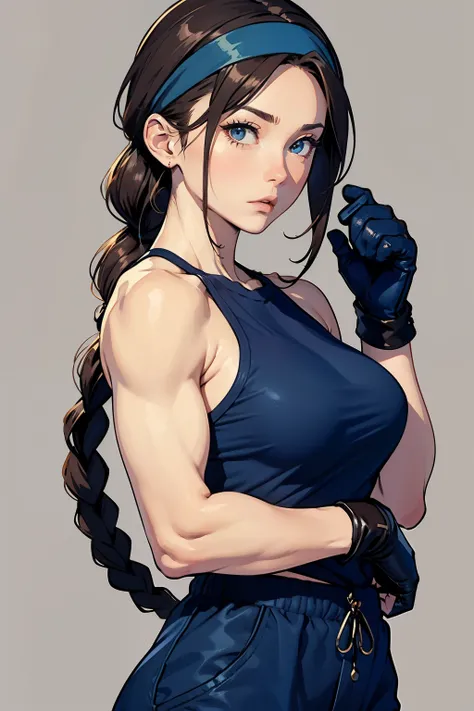 Female Fighter、 upper body up、 mature、 illustration style、 is tall 、simple background、fighting pose、 bullish expression、 gloves、 headband、 single braids、( Blue clothes)、 arm cover、(  Hair)、  ( trained biceps )  、(brown long pants)