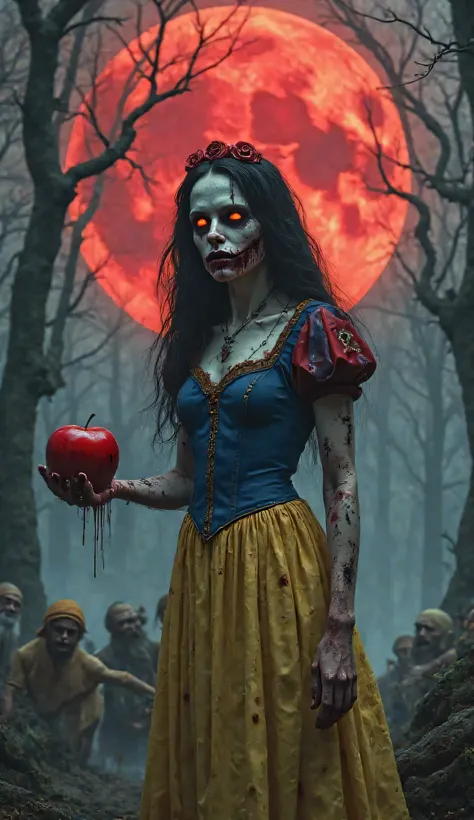 A terrifying, ultra-realistic horror reimagining of Snow White, standing in a cursed, dead forest under a massive blood-red moon. Her pale skin is almost lifeless, with dark, inky veins creeping up her arms and neck. Her eyes glow an unnatural fiery red, s...