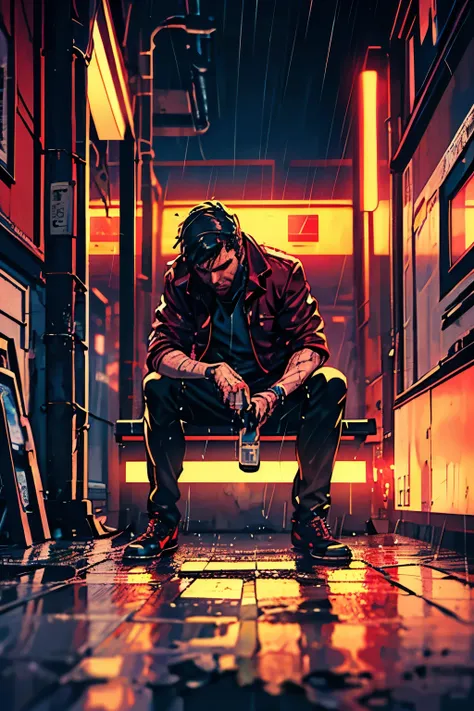 a drunk hero, portrait, sitting on a bench in a gritty urban alleyway, holding a half-empty bottle, pensive expression, unshaven face, tattered clothing, rain puddles, neon signs, cinematic lighting, moody atmosphere, digital art, photorealistic, 8K, HDR, ...