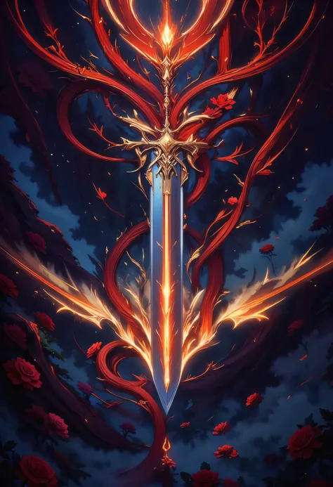 arafed high details, best quality, 16k, (ultra detailed: 1.5), masterpiece, best quality, (extremely detailed), RAW, dnd art, fantasy art, an epic sword with a rose vine entwined on the blade, a magnificent silver shinning sword, with a diamond in the hilt...