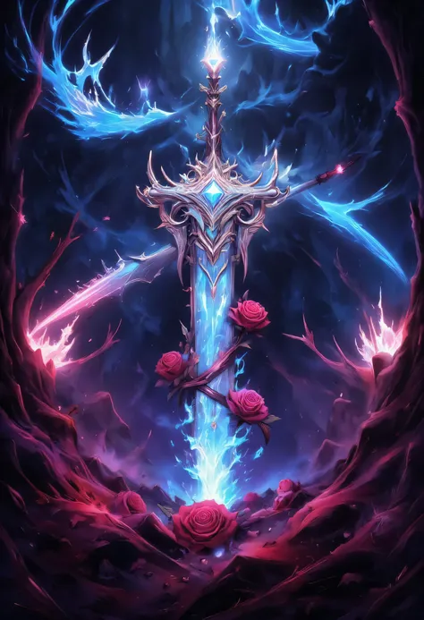 arafed high details, best quality, 16k, (ultra detailed: 1.5), masterpiece, best quality, (extremely detailed), RAW, dnd art, fantasy art, an epic sword with a rose vine entwined on the blade, a magnificent silver shinning sword, with a diamond in the hilt...
