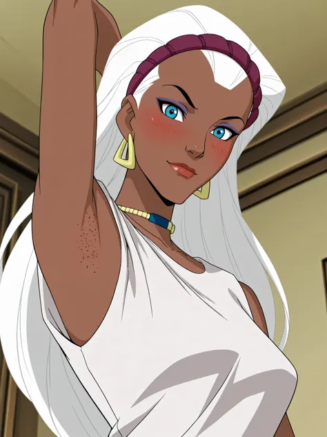 masterpiece, best quality, amazing quality, anime screencap, 1girl, solo, hairband, hoop earrings, choker, white shirt, xstormx, white hair, long hair, blue eyes, dark-skinned female, makeup, lipstick, sleeveless, bare shoulders, bare arms, arm behind head...