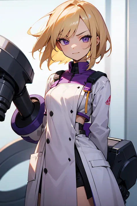 1female, short blonde hair, smug expression, purple eyes, lab tech outfit, detailed generation, standing in laboratory, perfect quality, perfect eyes
