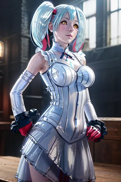 perfect anatomy　Highest quality, highest resolution,(((White shiny dress　 light blue hair　red gloves　short twin tails　shiny skin　 girl)))　[blurry]　16k　detachable sleeves　Sleeveless Dress　yellow eyes all the way to the tip　Advance Wars Tabitha