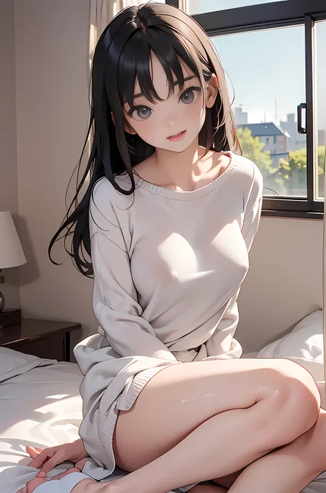 (((  Attention to Details  s,  Attention to Details  、 Masterpiece,  Attention to Details  ))),  Japanese , bedroom、 beautiful high school girl ,  young and cute gravure idol  ,  when to wear long sleeve knits ,   young sensual gravure idol  ,   young grav...