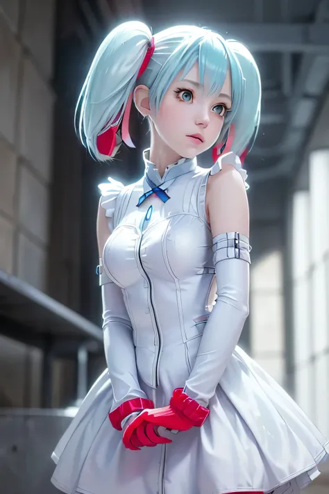 perfect anatomy　Highest quality, highest resolution,(((White shiny dress　 light blue hair　red gloves　short twin tails　shiny skin　 girl)))　[blurry]　16k　detachable sleeves　Sleeveless Dress　yellow eyes all the way to the tip　Advance Wars Tabitha