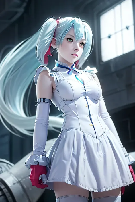 perfect anatomy　Highest quality, highest resolution,(((White shiny dress　 light blue hair　red gloves　short twin tails　shiny skin)))　[blurry]　16k　detachable sleeves　Sleeveless Dress　yellow eyes all the way to the tip　Advance Wars Tabitha