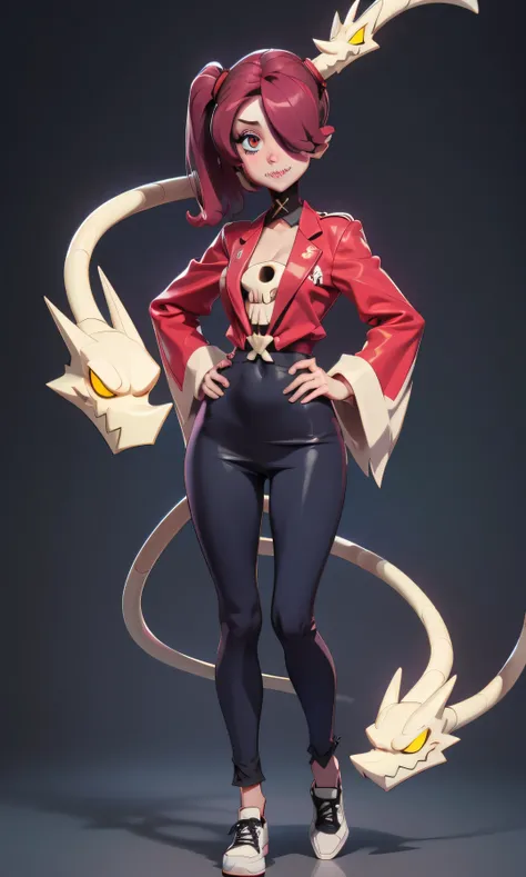 masterpiece,  great detail, a beautiful girl, squigly, skullgirls, red hair, hair over one eye, a blue eye, dos coletas, Bangs, blush, Sewing on the mouth,  smile, full body, thin and tall, skinny, medium breasts, white skin,  black shoes, pose sexy,  nice...