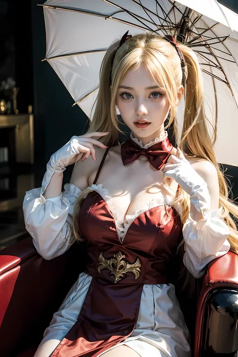 背を向けている, ブロンドヘア, beautiful cute face, (while tasting:1), Blonde woman in white clothes sitting in a red chair holding an umbrella, Cosplay, beautiful succubus, anime girl Cosplay, anime Cosplay, ayaka Cosplay, Twin tails white_gloves, Cosplay photo, Stop 4...