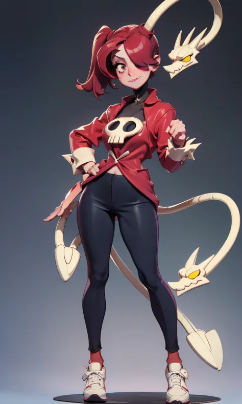 masterpiece,  great detail, a beautiful girl, squigly, skullgirls, red hair, hair over one eye, a blue eye, dos coletas, Bangs, blush, Sewing on the mouth,  smile, full body, thin and tall, skinny, medium breasts, white skin,  naken,  black shoes, pose sex...