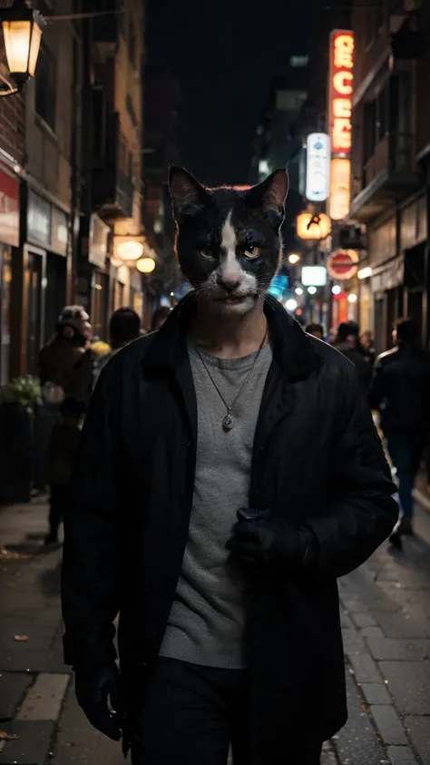 A cinematic, center-angled shot of a dark alley, where two men in heavy coats and gloves stand under a flickering streetlamp. One of them, with a sinister grin, points toward an anthropomorphic gray-furred cat in the distance. The cat, wearing a ragged jac...