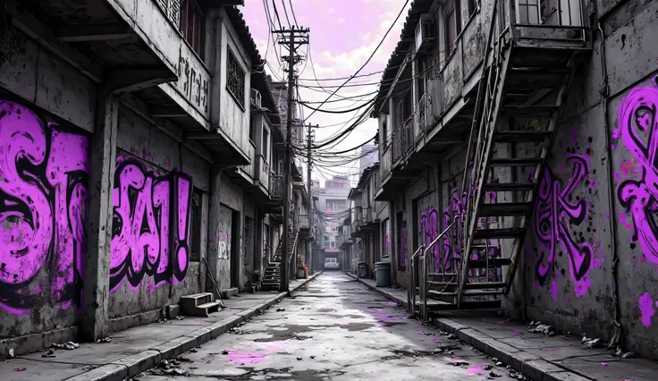 Favela background with purple graffiti, Designed as an anime , everything in black and white except the graphite in strong purple