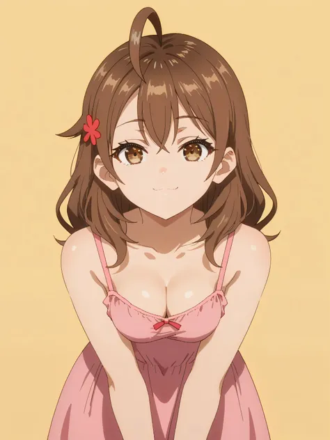 score_7_up, anime screencap, anime coloring,
1girl, solo, closed mouth, head tilt,
long hair, brown hair, ahoge, hair between eyes, brown eyes, hair ornament,
Masha, looking at viewer,
blurry background, simple background, pink background,cleavage,simple b...