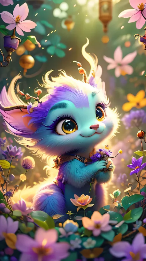 whimsical airbrush and oil painting, best angle of a Very cute mythical graceful transparent anthropomorphic furry creature holds purple lilac, thin arms, fragile thread legs, purple lilac spirit, Mystical garden where purple lilac grows in a professional ...