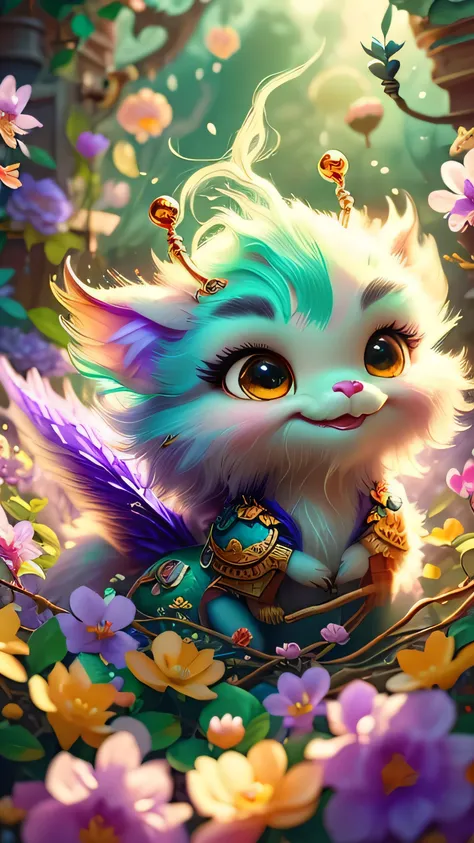 whimsical airbrush and oil painting, best angle of a Very cute mythical graceful transparent anthropomorphic furry creature holds purple lilac, thin arms, fragile thread legs, purple lilac spirit, Mystical garden where purple lilac grows in a professional ...