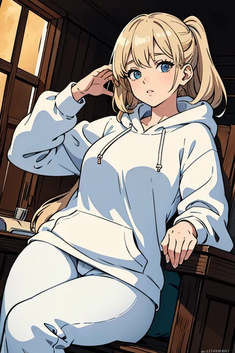 masterpiece, best quality, cinematic, white female, dark blonde hair, beautiful eyes, rosy cheeks, thick eyeliner, white hoodie, pj pants, anime