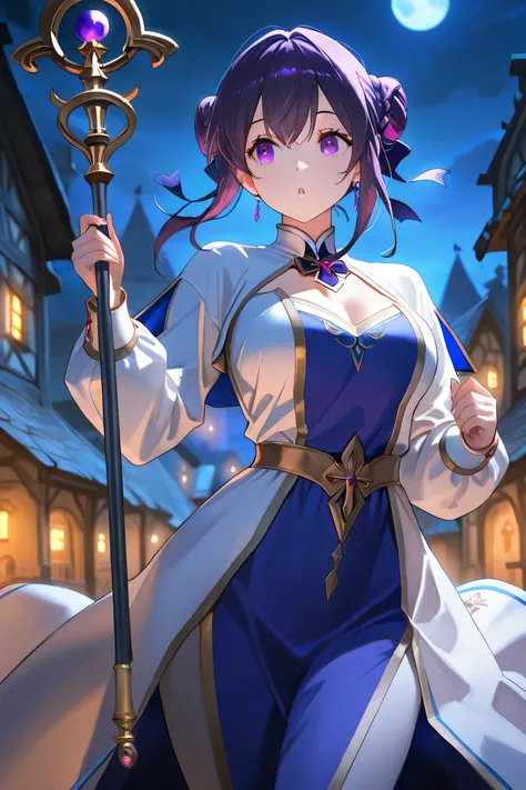 beautiful girl, bow bun hairstyle, attractive, top quality, masterpiece, curious face, purple eyes, priestess outfit, village background, cinematic shot, dark ambience, night time, dynamic pose, mysterious, holding a staff