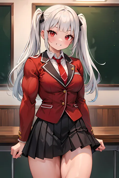 1girl, solo, (medium breasts, muscles, large muscles), (white hair, blunt bangs, cute face, long bangs, red eyes, twintails, long hair), (school uniform, blazer, skirt, red tie, long sleeves, thighs), indoors, grin, armsat side