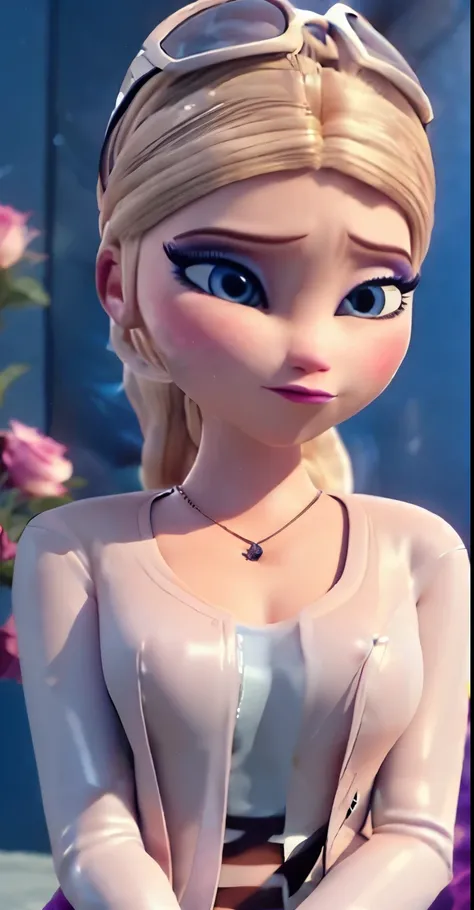  Elsa,chubby face,invent,face detail,blush,purple eye shadow, rose in hair,arise from,simple background, looking to the side,half shirt, White dress, No blouse, without bra, visible peak on chest, (big ) (big breasts) (Fully exposed chest) ( naked and visi...