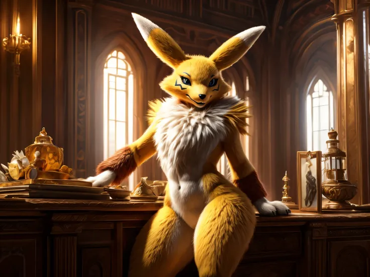 ((macro)), back, wide hips, thick thighs, Renamon, a humanoid fox digimon, stands alone in the scene. The Renamon has soft fur, which is shown in exquisite detail, highlighting its playful and vibrant facial expression and its charming, mischievous eyes. T...