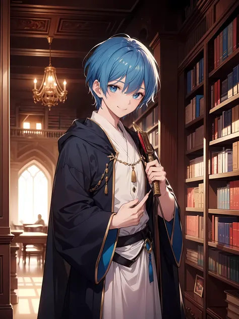 anime style,masterpiece,(highly detailed:1.3), high definition, (excellent anatomy:1.2),one young handsome man,solo,(smile),morning,indoor,(great medieval library),short blue hair,(greeting), highly detailed background, (blue knight's robe with metal decor...