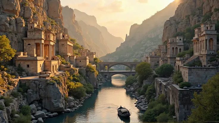 Ancient Greek City, Built in a gorge,  at sunrise , The buildings are partly shaded, Some of the buildings were built with large pillars in the gorge walls, There are a few green areas with trees, The city makes an old and abandoned impression, It looks my...