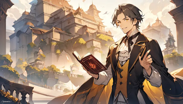 adult man, thin,high, athletic body design, Victorian clothes,  medium hair/Longo stripped black,  yellow-colored eyes, mischievous smile, holding a spell book, Imperial Scenery, Fantasy