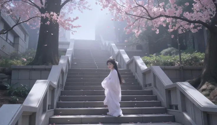 A young Japanese woman climbing the endless stairs