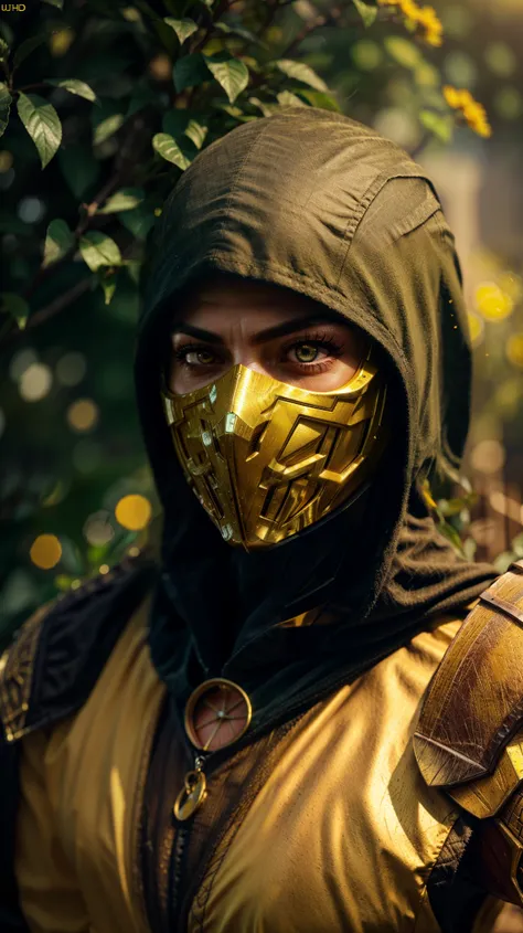 zscrp, masterpiece, best cinematic quality, photorealistic highly detailed 8k raw photo, volumetric lighting, volumetric shadows, muscular man, yellow armor, mask