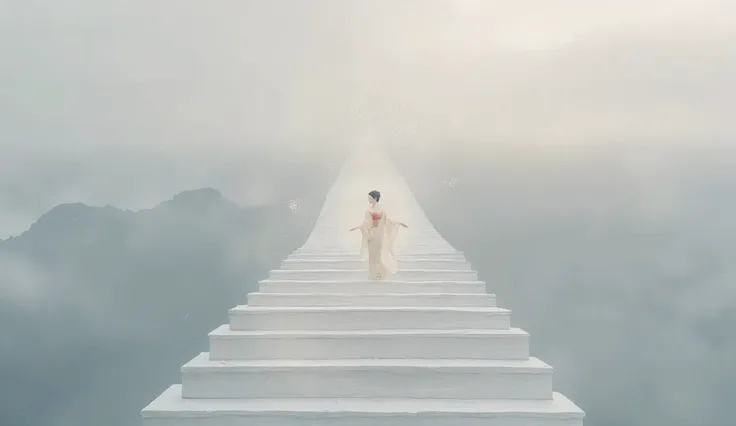 A young Japanese woman climbs an endless imaginary staircase.