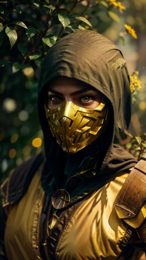 zscrp, masterpiece, best cinematic quality, photorealistic highly detailed 8k raw photo, volumetric lighting, volumetric shadows, muscular man, yellow armor, mask