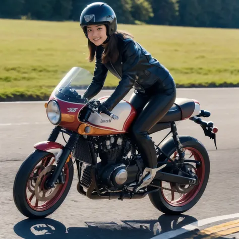 (A young female rider speeds along on a motorcycle)、Vintage Bikes、Bluff Superior SS100、Isle of Man Races、Leather jumper、Cromwell helmet with goggles、After the Rain、English countryside、(Highest quality, masterpiece, High resolution)、8k、wallpaper,masterpiece...