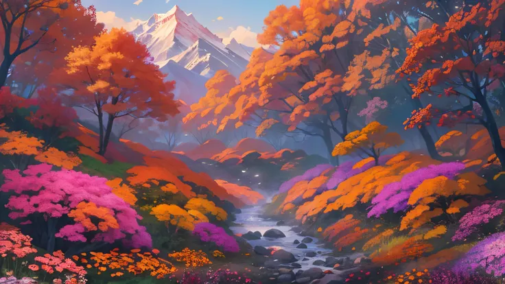   HD Images  ,  Colorful flowers and trees 々、   Mysterious forest hides magical creatures ,  8,000, High quality orange flowers   , A forest believed to be inhabited by fairies ,   Soft morning light shines on the snowy peaks of the Himalayas。