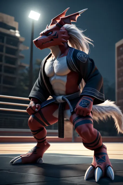 (((Barefoot furry character, full body, cinematic setting, furry male, plantigrade))) 
(((growlmon))), ((digimon, black kimono, training judo at outside training ground, fighting stance, dynamic pose))
short red fur, white fur belly, black markings, long w...