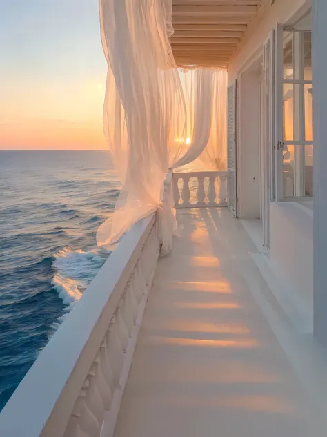 arafed view of a balcony with a curtain over the ocean, ocean view, overlooking the ocean, beautiful and aesthetic, gorgeous view, on the sea, soft glowing windows, balcony, soft morning light, looking out over the sea, looking out at the ocean, on the oce...