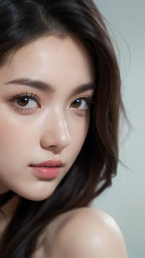 Hyperrealism, extreme close-up Portrait of a beautiful, stunning unique female character. She has large turquoise eyes filled with joy and excitement, extravagant eyelashes, making this image a masterpiece of photography and digital art. Style: realistic h...