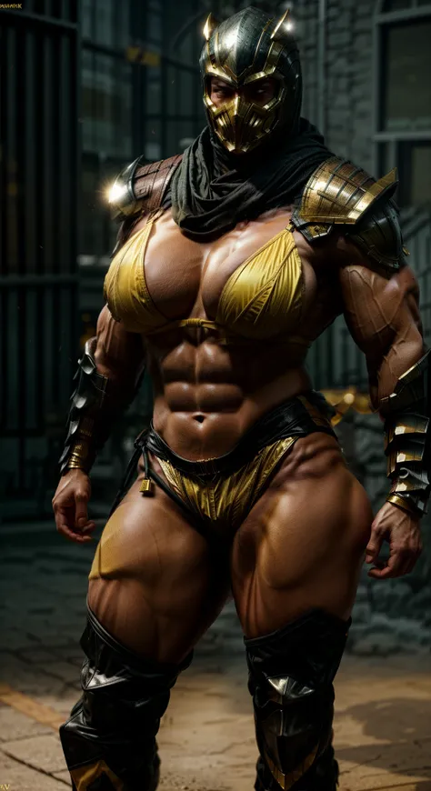 zscrp, masterpiece, best cinematic quality, photorealistic highly detailed 8k raw photo, volumetric lighting, volumetric shadows, muscular woman, yellow bikini armor, mask, large breasts, thick muscular thighs, curvy hips