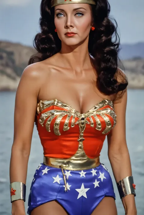  A SEXY LYNDA CARTER AS THE ICONIC 1960 WONDER WOMAN, WEARING A BLACK FULL LENGTH LATEX DIVING SUIT, RED LEATHER WONDER WOMAN BOOTS. CRYSTAL CLEAR ART, CELAN CRISP ART, 4K, 8K, MILLIONS OF TEXTURES 