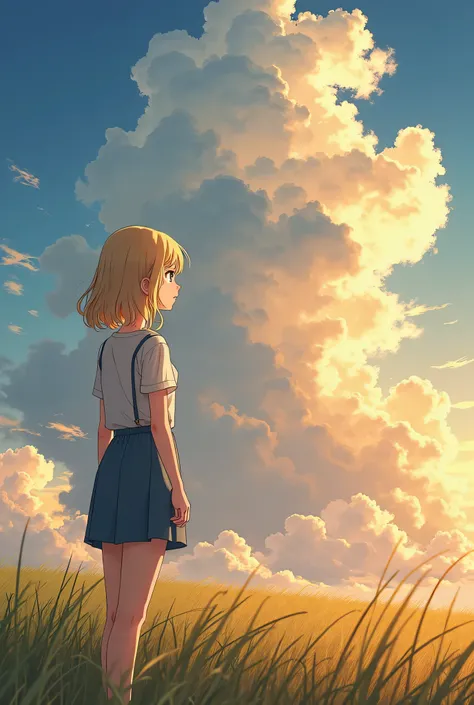 anime japanese style, blonde hair, age girl looking at cloudy sky, detailed facial features, thoughtful expression, standing posture, anime figurative artwork, 8K, hyper-detailed, masterpiece, digital painting, natural lighting, warm color palette, dramati...