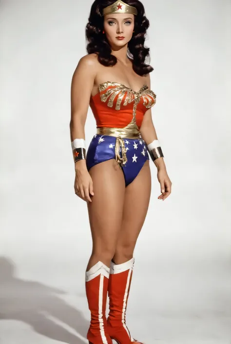  A SEXY LYNDA CARTER AS THE ICONIC 1960 WONDER WOMAN, WEARING A BLACK FULL LENGTH LATEX DIVING SUIT, RED LEATHER WONDER WOMAN BOOTS. CRYSTAL CLEAR ART, CELAN CRISP ART, 4K, 8K, MILLIONS OF TEXTURES 