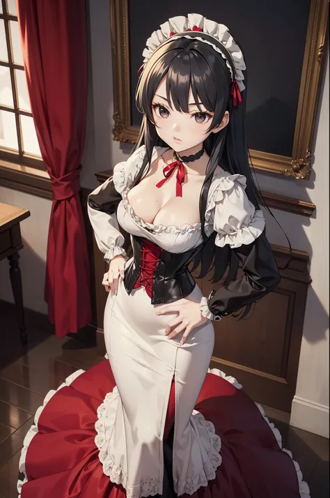 masterpiece, anime style, A young girl,  of foot, (seen from above), (( hands on hips)). pretty face,  tender look, long black hair, detailed eyes,  black eyes,  choker : 1.6, ((Victorian style dress in red and white)), corset, (long skirt), self-critical ...