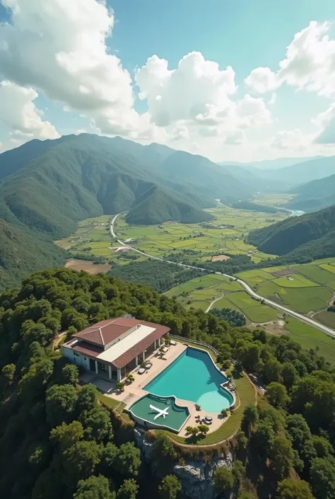  a farm with 10000 hectares ,  with a mansion with an infinity pool on the top of the mountain overlooking the airport with a private jet inside the farm,  with a large river with hydroelectric power generation ,  with an area with windmills to generate wi...