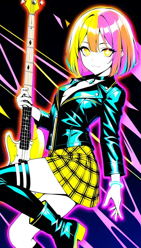  (limited palette:1.5), black background, colorful, (vibrant, glowing outline, neon hair, blacklight:1.2), looking at viewer, (side view:0.1), masterpiece, best quality, absurdres, very aesthetic, 1girl,solo,solo girl, medium hair,light pink hair, ((bob cu...