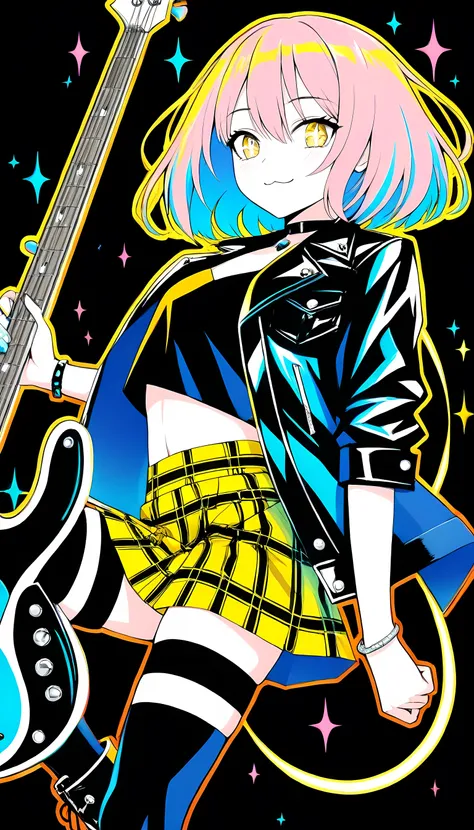 (limited palette:1.5), black background, colorful, (vibrant, glowing outline, neon hair, blacklight:1.2), looking at viewer, (side view:0.1), masterpiece, best quality, absurdres, very aesthetic, 1girl,solo,solo girl, medium hair,light pink hair, ((bob cut...