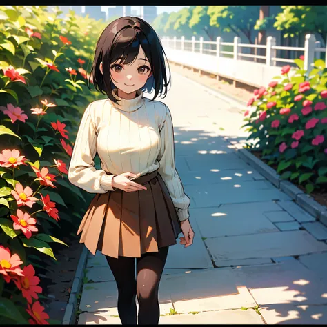 (high quality, high resolution, Very detailed, reality:1.37), Peaceful atmosphere, (Outdoors, garden),  age girl standing alone,(My breasts are small.), Beautiful details, cute smile up to the knee, ( black haired bob),Ribbed sweater, brown skirt ,  black ...