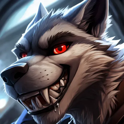 masterpiece, best quality, amazing quality, solo, 1boy, deathwolf, bara, red eyes, black sclera, close up, smile, smirk, grin, closed mouth, licking lips, drool, dutch angle, side view, angle view