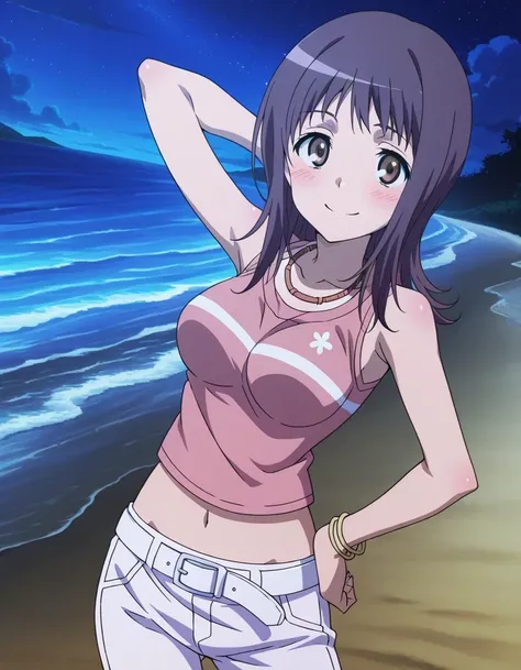 itsuwa, anime coloring, anime screencap, 
bracelet, shirt, sleeveless, sleeveless shirt, breasts, blush, medium hair, brown eyes, pink shirt, long hair, necklace, medium breasts, crop top, collarbone, white belt, Itsuwa pink shirt white pants (outfit), shi...
