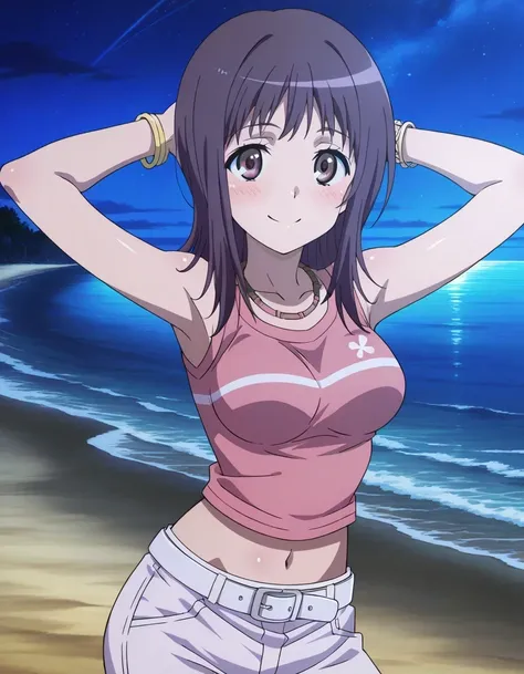 itsuwa, anime coloring, anime screencap, 
bracelet, shirt, sleeveless, sleeveless shirt, breasts, blush, medium hair, brown eyes, pink shirt, long hair, necklace, medium breasts, crop top, collarbone, white belt, Itsuwa pink shirt white pants (outfit), shi...